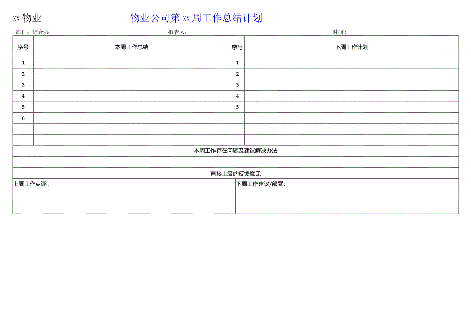 物业周工作总结及计划模板.docx_第1页