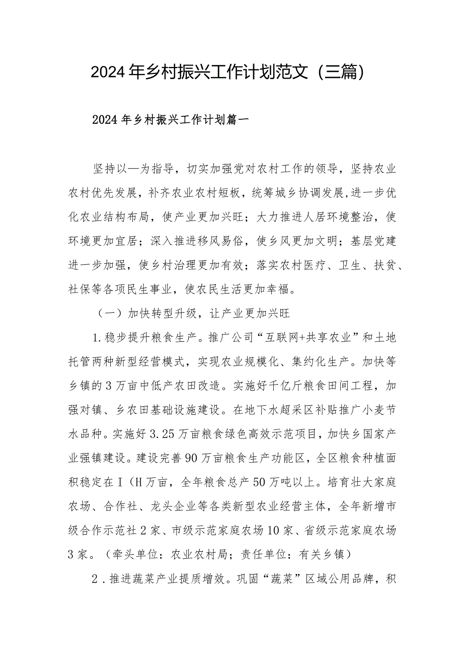 2024年乡村振兴工作计划范文（三篇）.docx_第1页