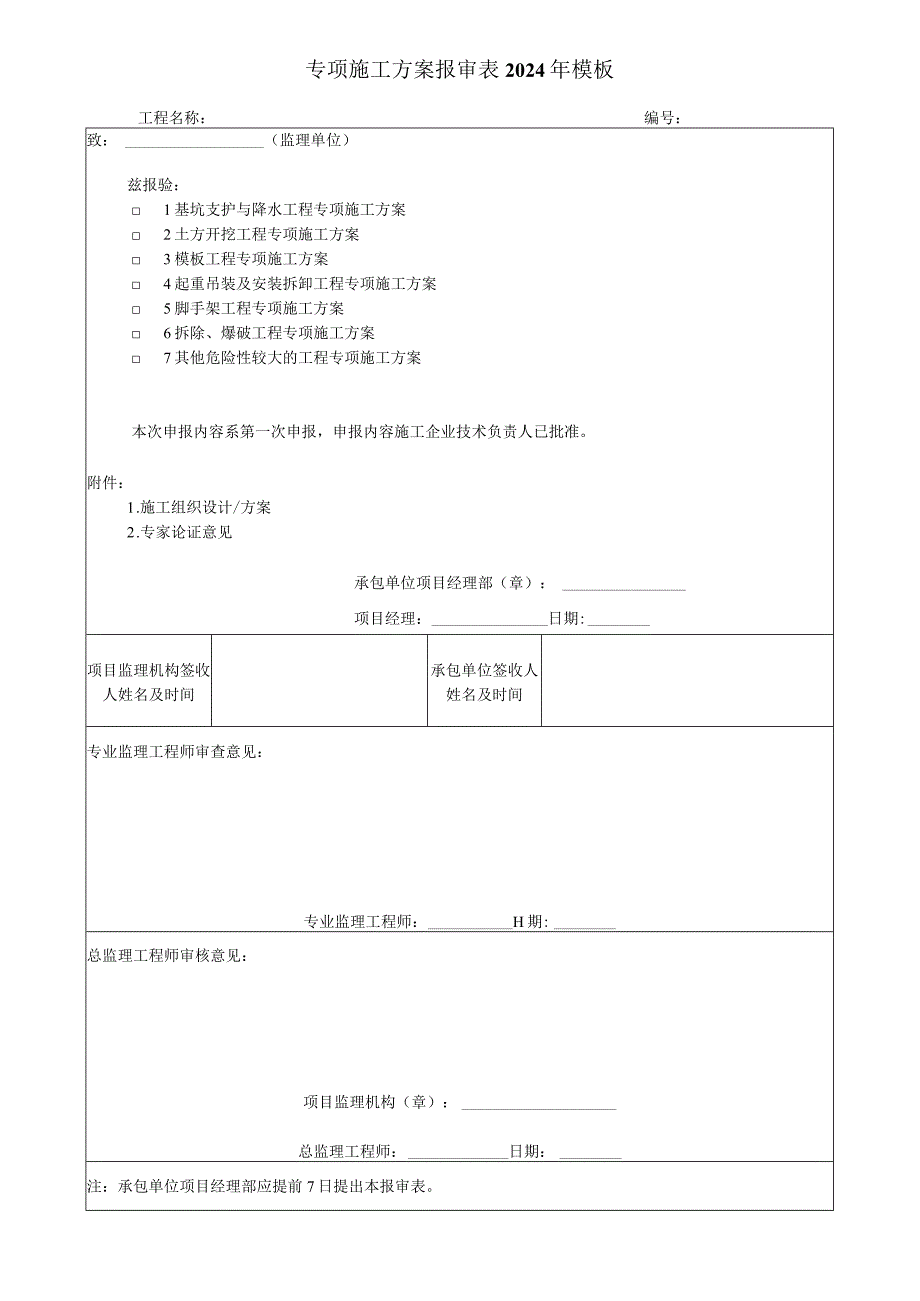 专项施工方案报审表2024年模板.docx_第1页