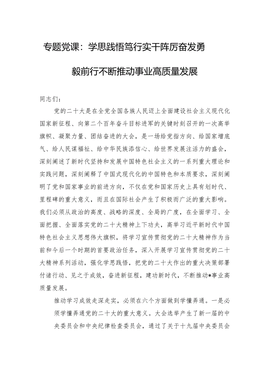 专题党课：学思践悟笃行实干踔厉奋发勇毅前行不断推动事业高质量发展.docx_第1页