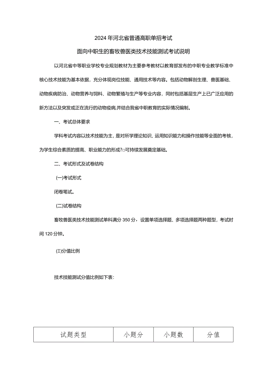 2024年河北省普通高职单招考试面向中职生的畜牧兽医类技术技能测试考试说明.docx_第1页