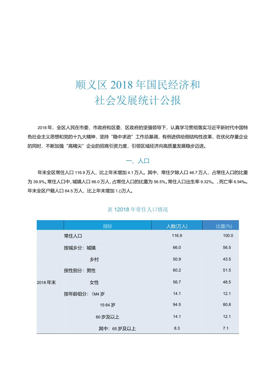 顺义区2018年国民经济和社会发展统计公报.docx_第1页