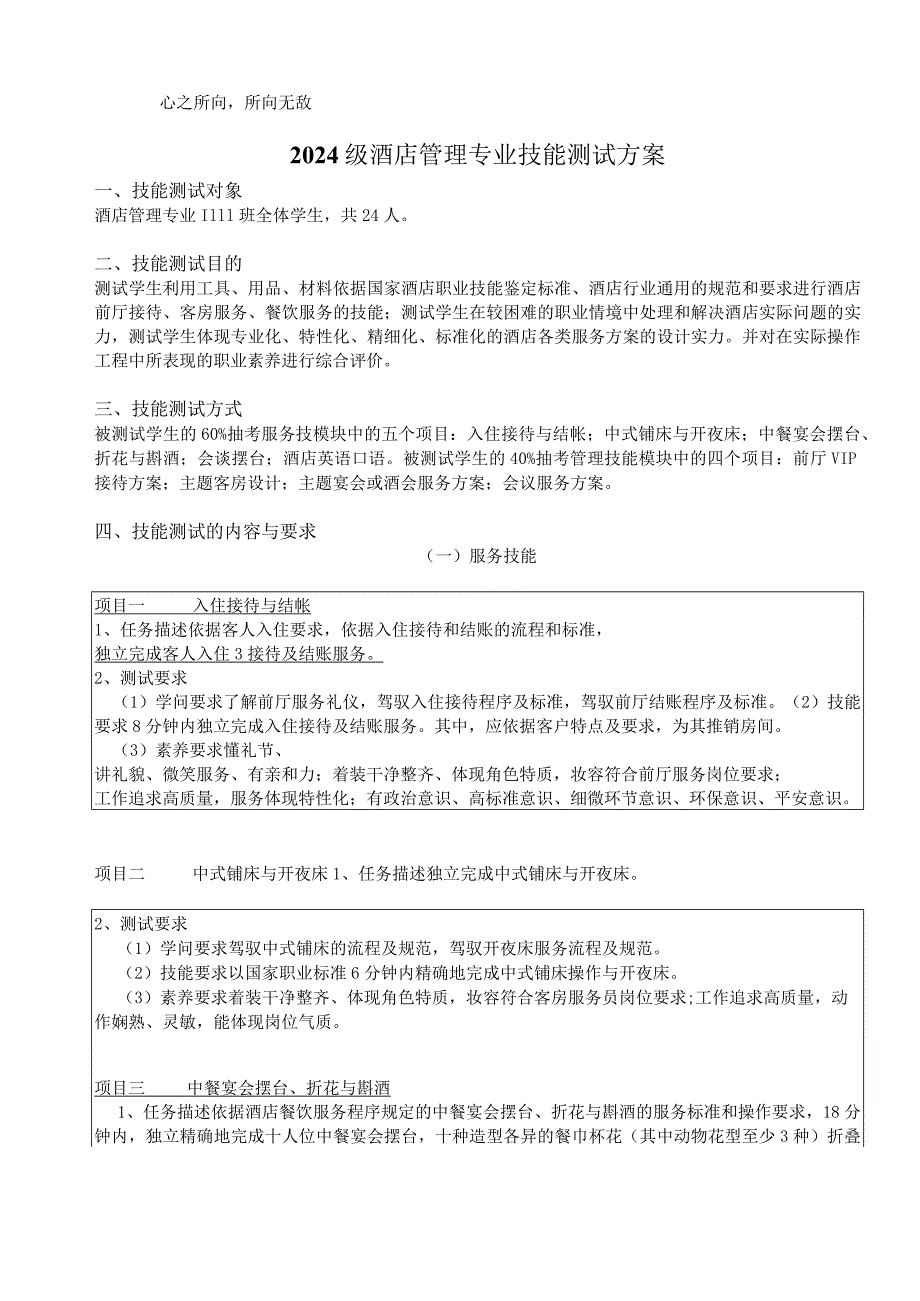 2024级酒店管理专业技能测试方案.docx_第1页