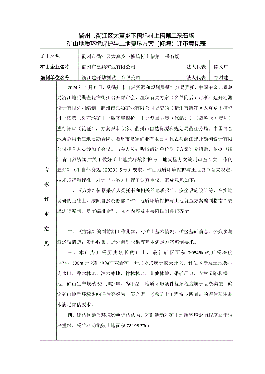 《衢州市衢江区太真乡下槽坞村上槽第二采石场矿山地质环境保护与土地复垦方案（修编）》专家评审意见.docx_第1页