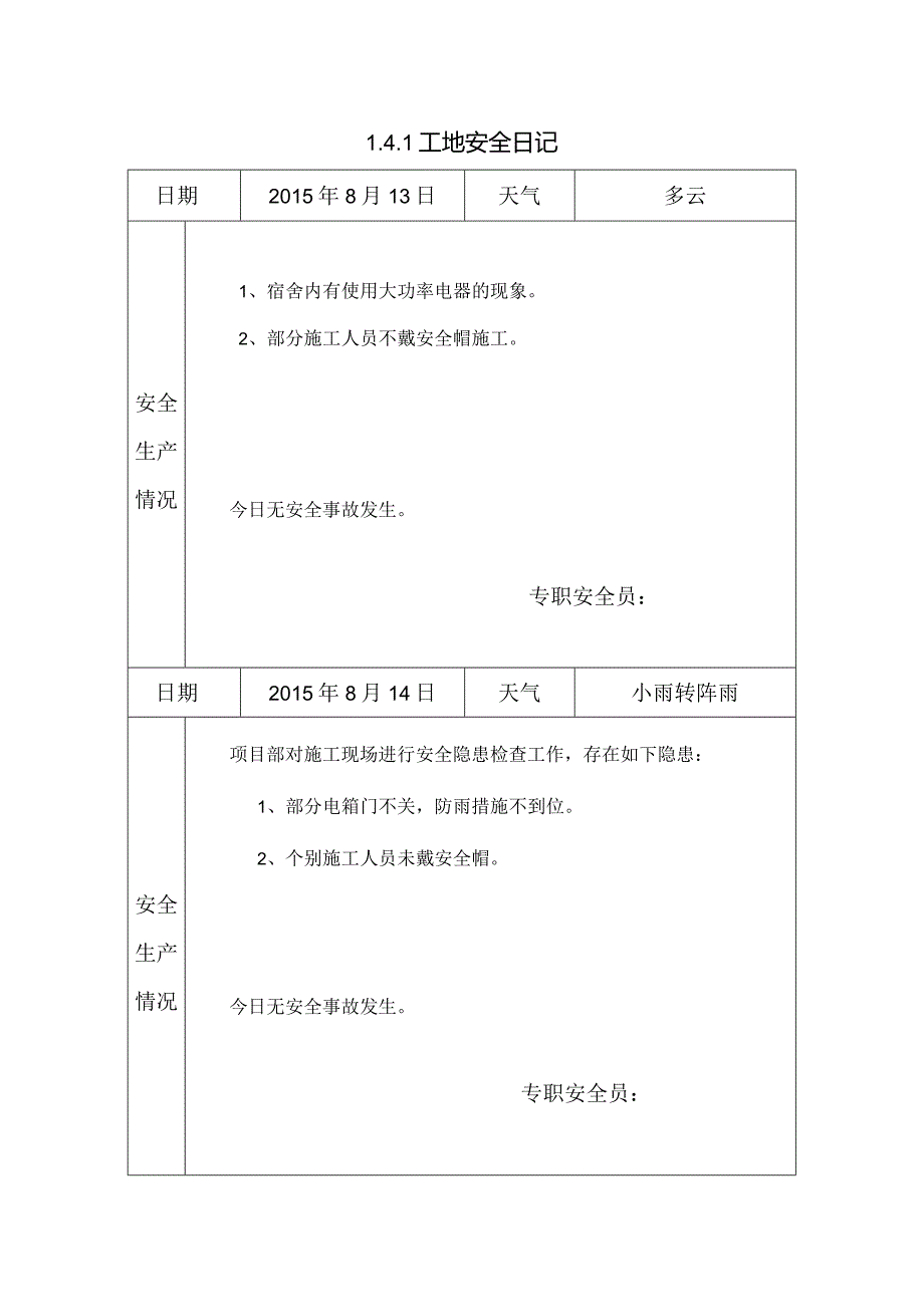 [施工资料]工地安全日记(8).docx_第1页