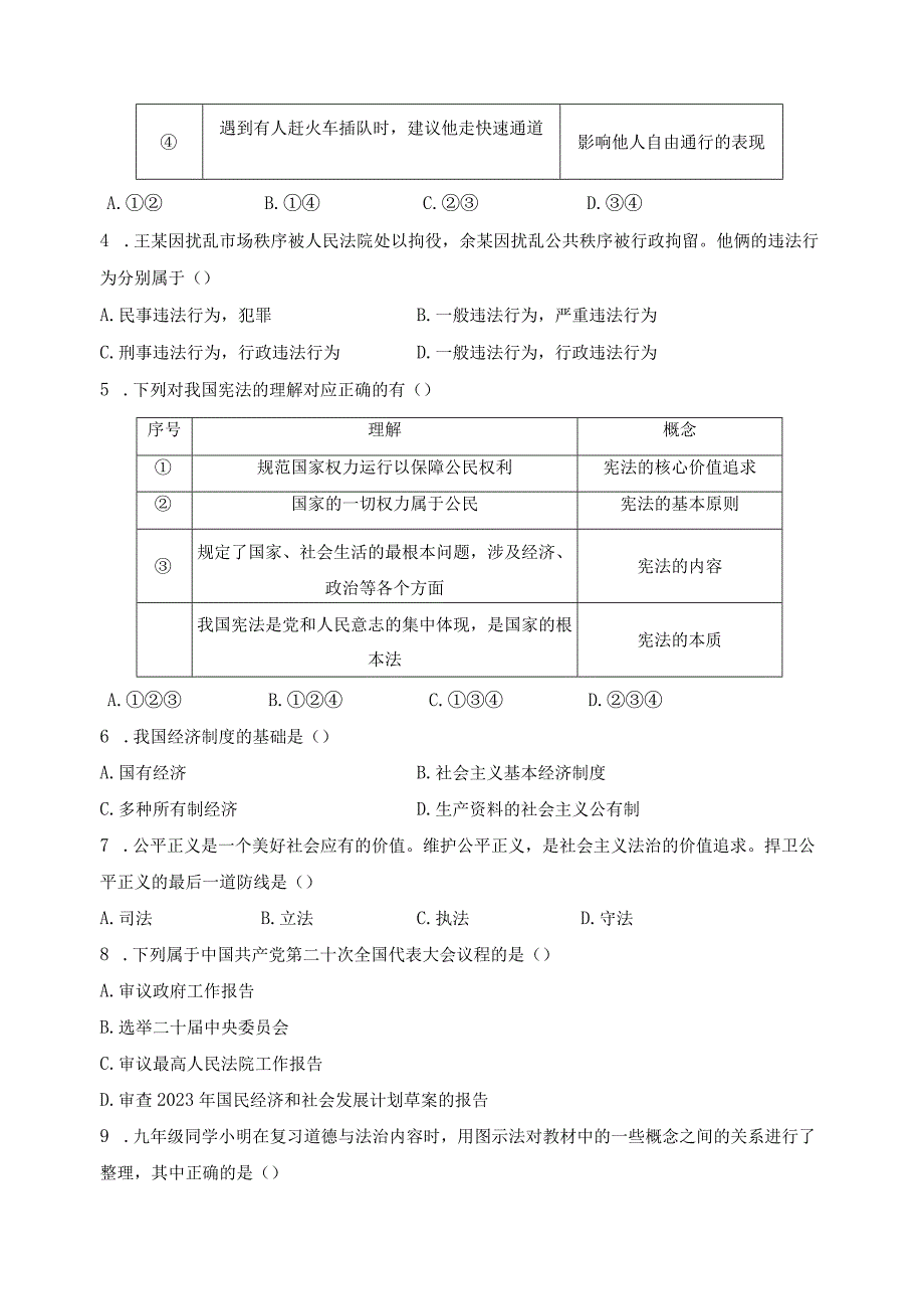 辽宁省鞍山市铁西区、经开区2024届九年级下学期3月联考道德与法治试卷(含答案).docx_第2页