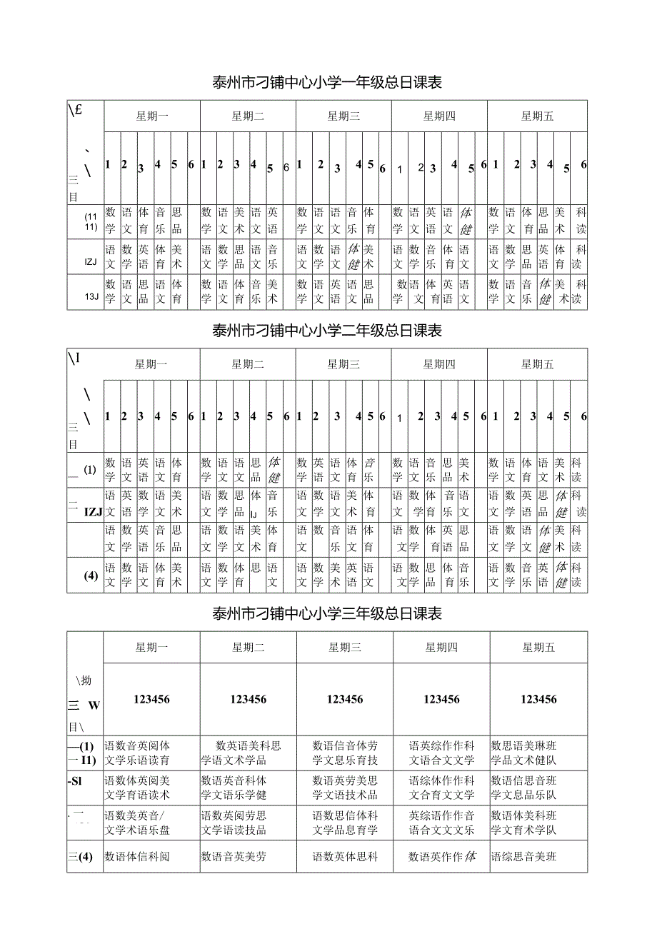 泰州市刁铺中心小学一年级总日课表.docx_第1页