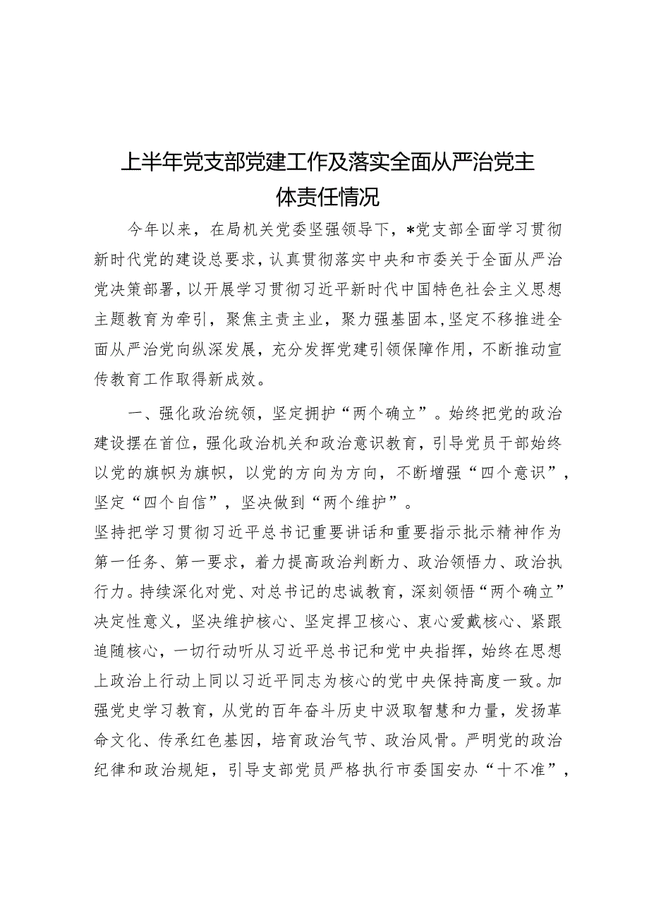 上半年党支部党建工作及落实全面从严治党主体责任情况.docx_第1页