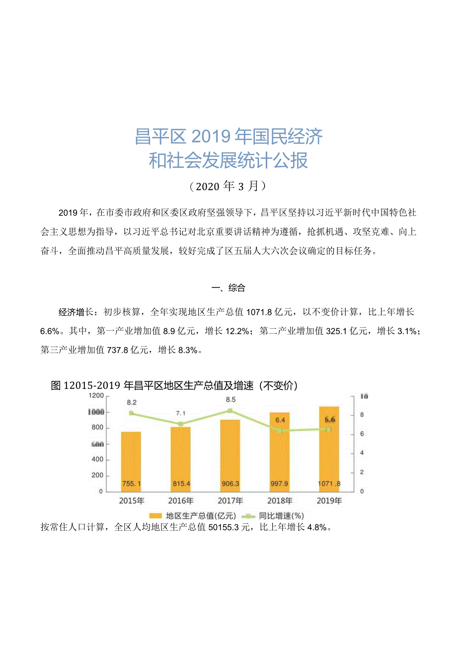 昌平区2019年国民经济和社会发展统计公报.docx_第1页