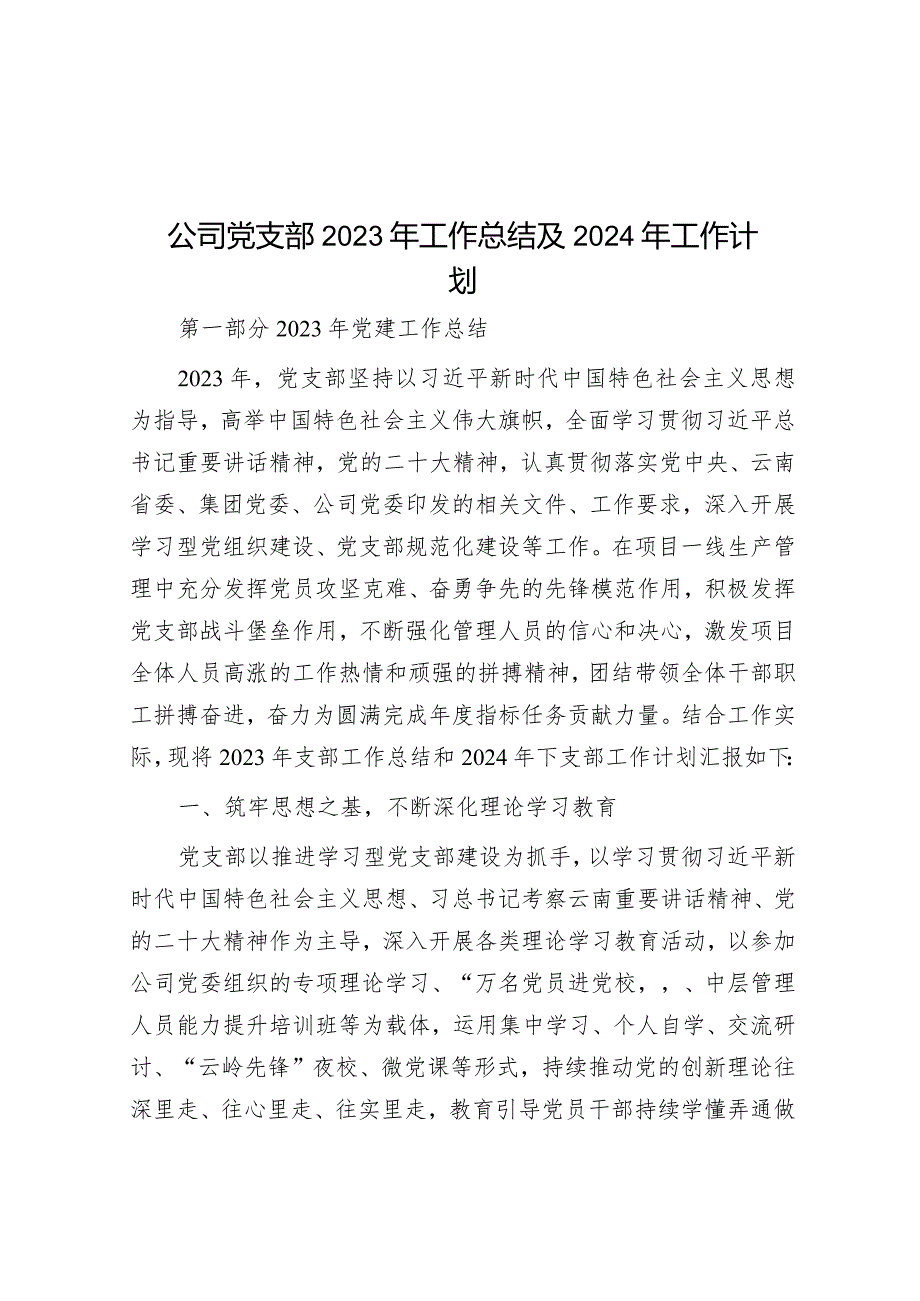 公司党支部2023年工作总结及2024年工作计划.docx_第1页