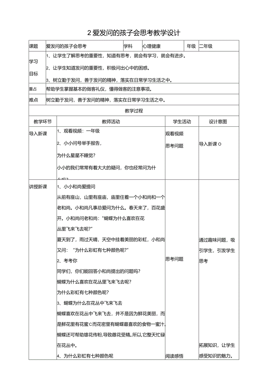 2爱发问的孩子会思考教学设计教科版心理健康二年级下册.docx_第1页