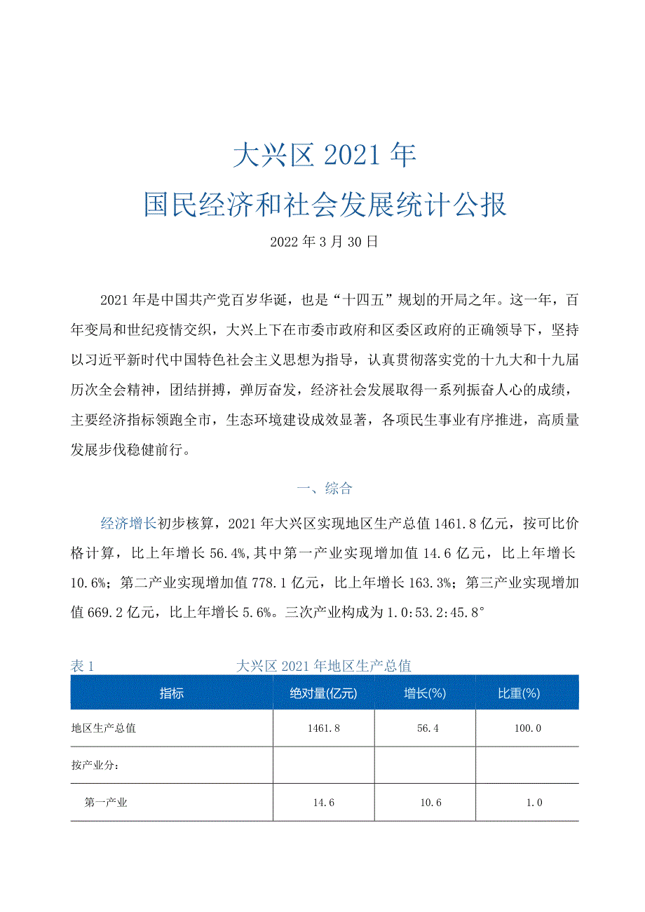 大兴区2021年国民经济和社会发展统计公报.docx_第1页