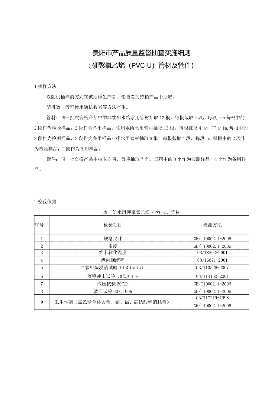 14.贵阳市产品质量监督抽查实施细则（硬聚氯乙烯（PVC-U）管材及管件）.docx_第1页