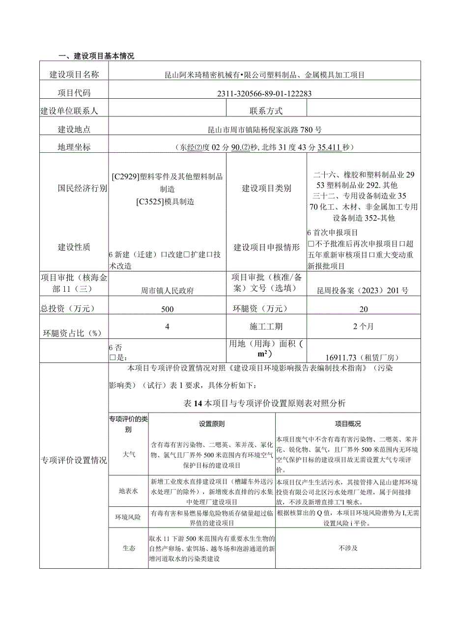 米琦精密机械有限公司塑料制品、金属模具加工项目环评可研资料环境影响.docx_第1页