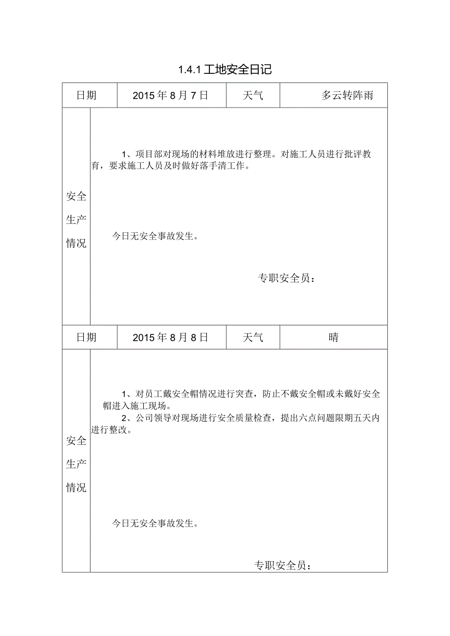 [施工资料]工地安全日记(4).docx_第1页