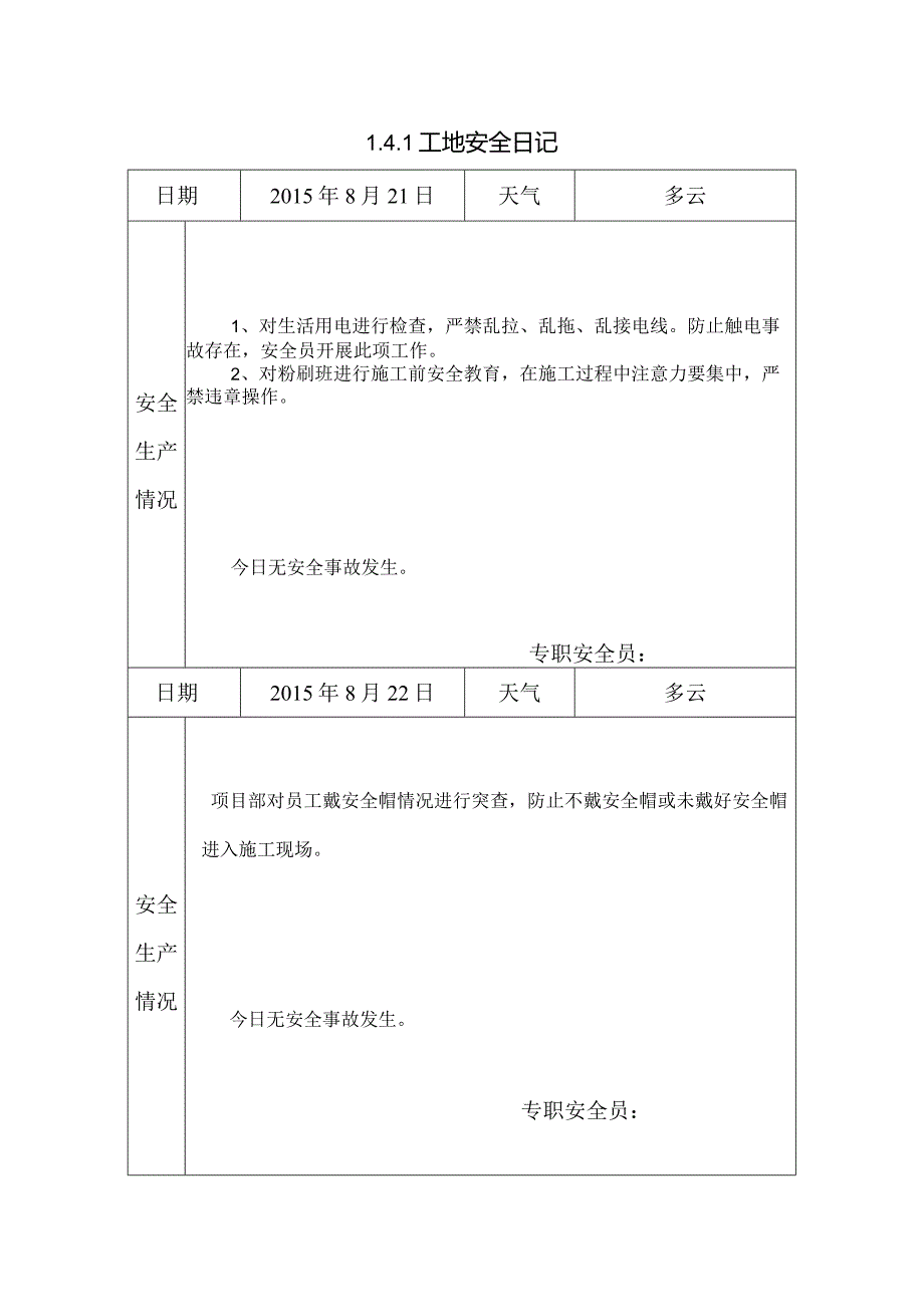 [施工资料][安全台账]工地安全日记.docx_第1页