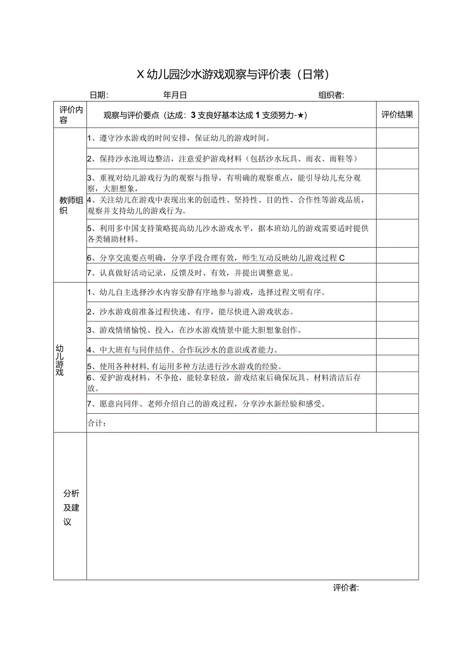 X幼儿园沙水游戏观察与评价表（日常）.docx_第1页