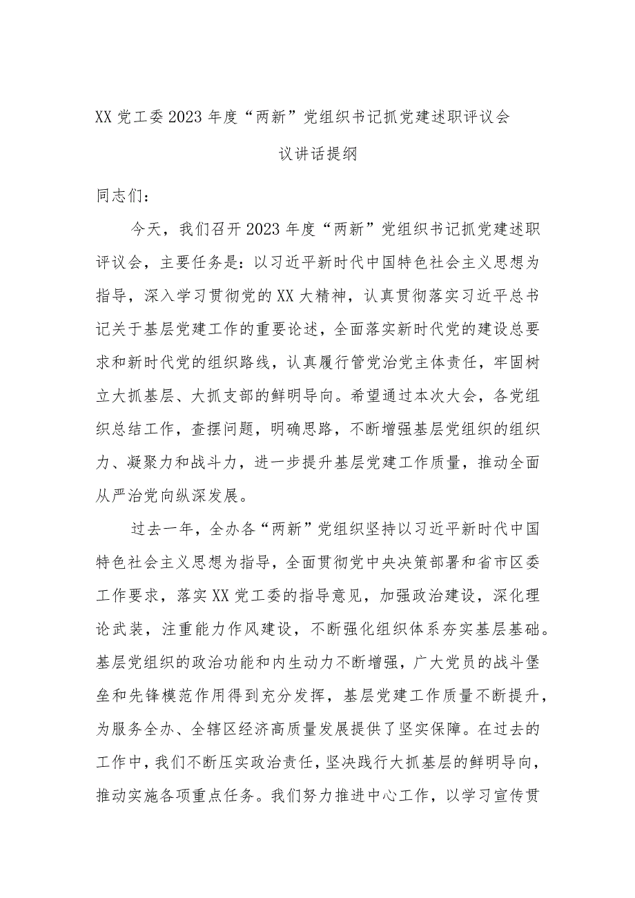 XX党工委2023年度“两新”党组织书记抓党建述职评议会议讲话提纲.docx_第1页