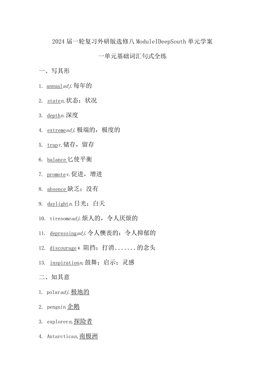 2024届一轮复习外研版选修八Module1DeepSouth单元学案（24页word版）.docx_第1页