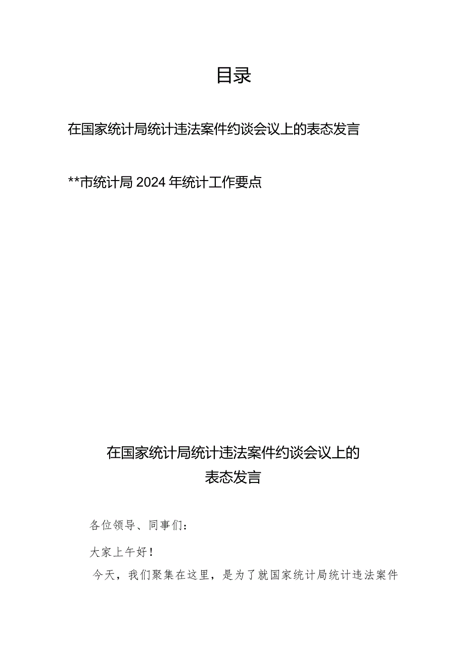 在国家统计局统计违法案件约谈会议上的表态发言+市统计局2024年统计工作要点.docx_第1页