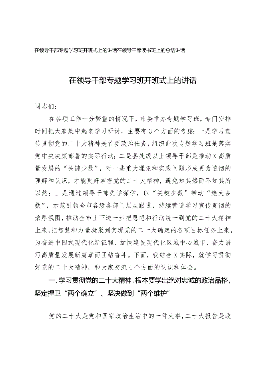 （2篇）在领导干部专题学习班开班式上的讲话在领导干部读书班上的总结讲话.docx_第1页