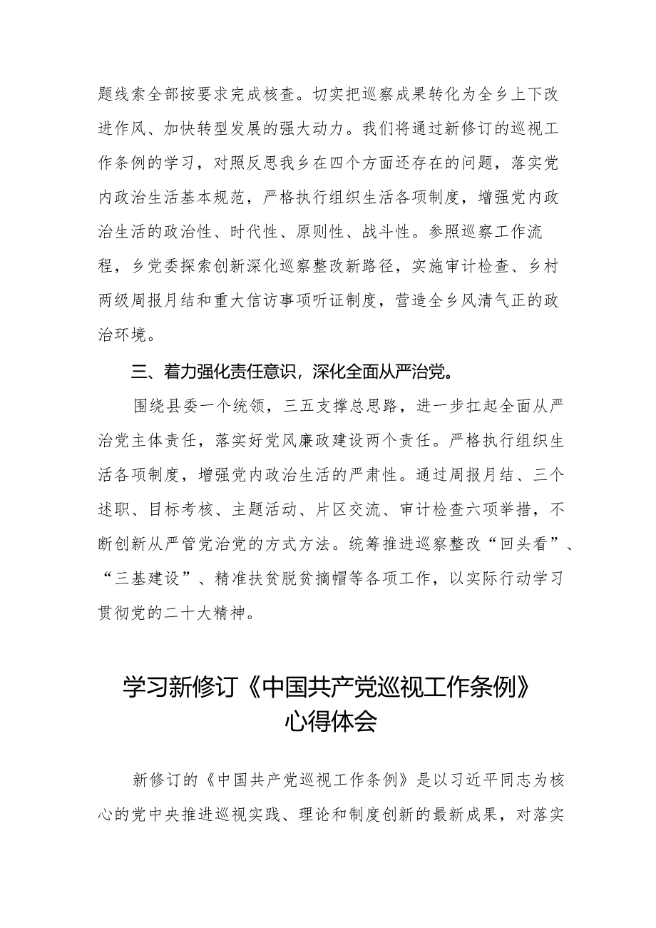 七篇乡干部学习贯彻2024版新修订《中国共产党巡视工作条例》学习体会交流发言.docx_第2页