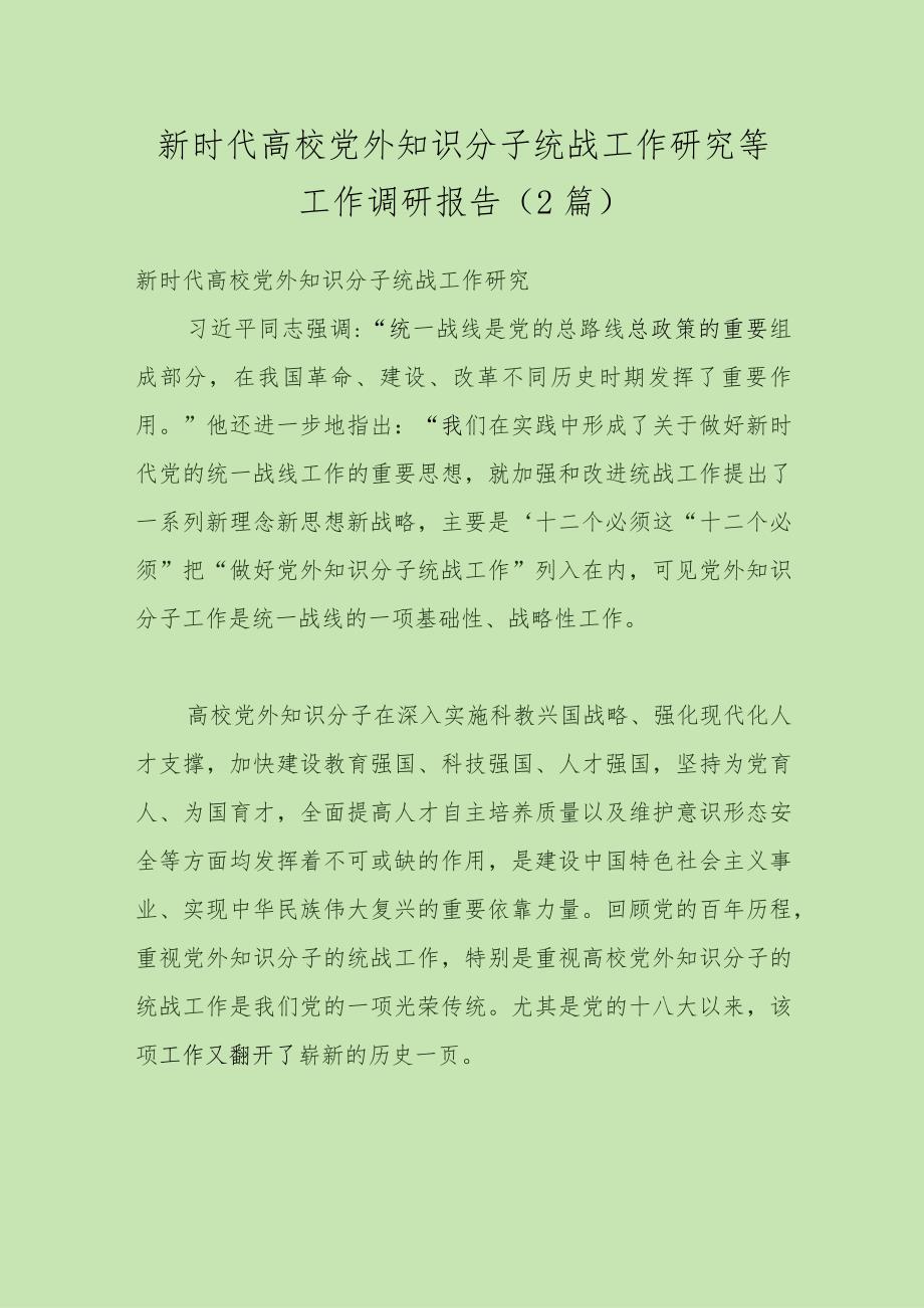 （2篇）新时代高校党外知识分子统战工作研究等工作调研报告.docx_第1页