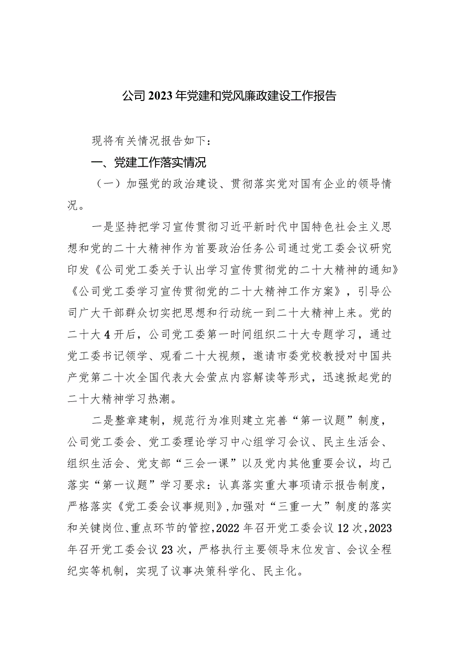 公司2023年党建和党风廉政建设工作报告9篇（最新版）.docx_第1页