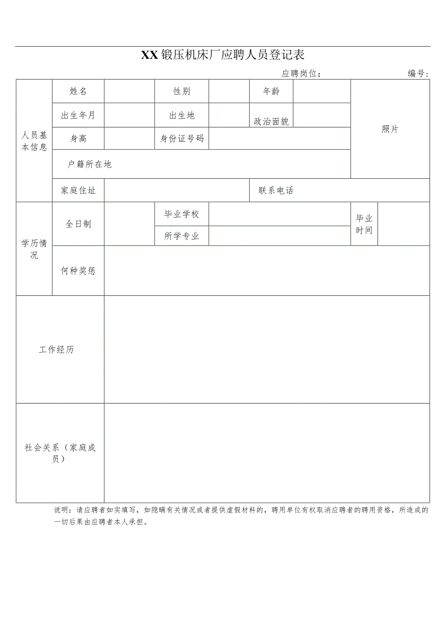 XX锻压机床厂应聘人员登记表（2024年）.docx_第1页