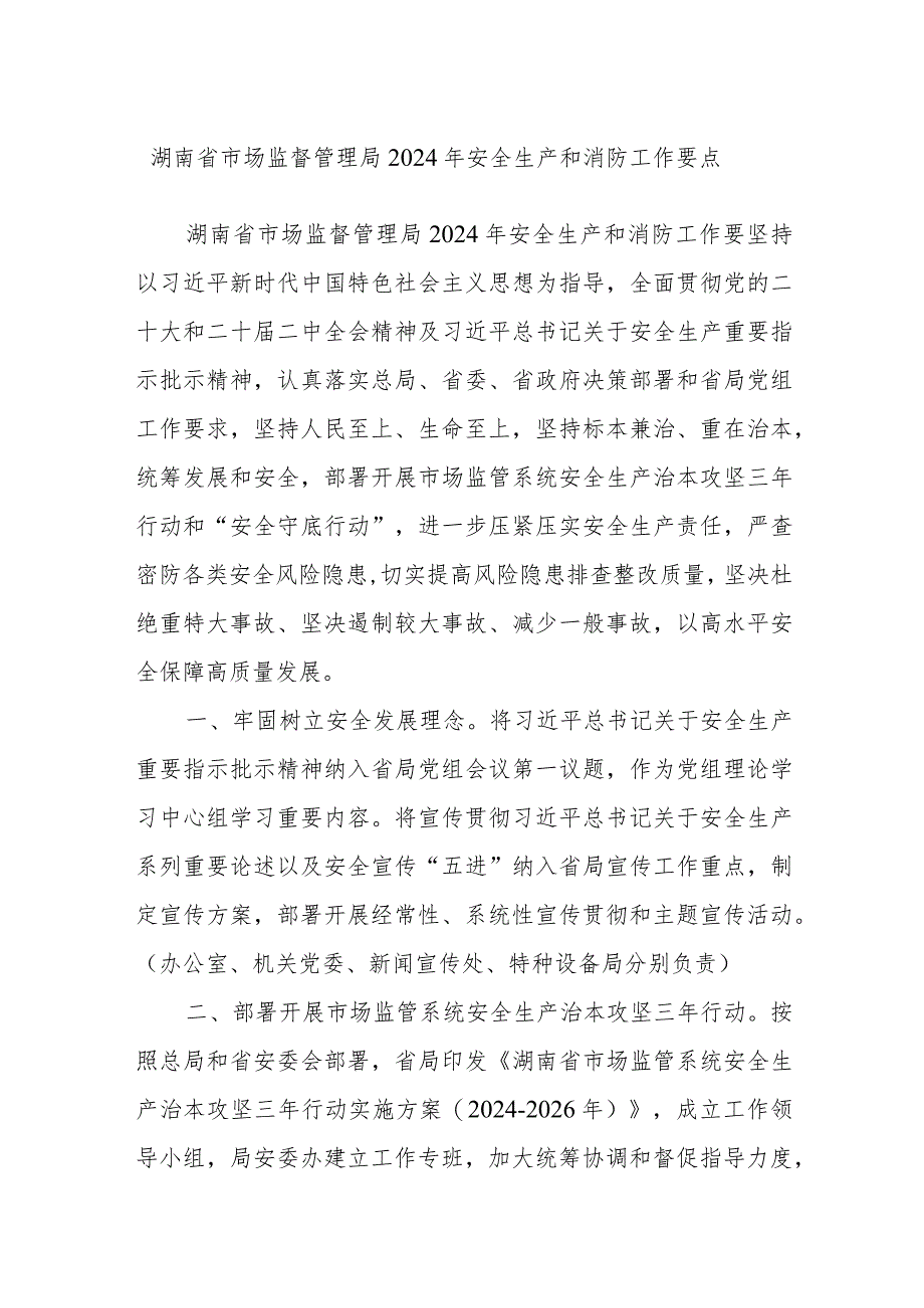 湖南省市场监督管理局2024年安全生产和消防工作要点.docx_第1页