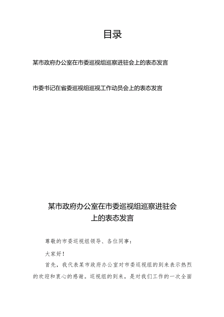 市政府办公室在市委巡视组巡察进驻会上的表态发言+市委书记在省委巡视组巡视工作动员会上的表态发言.docx_第1页