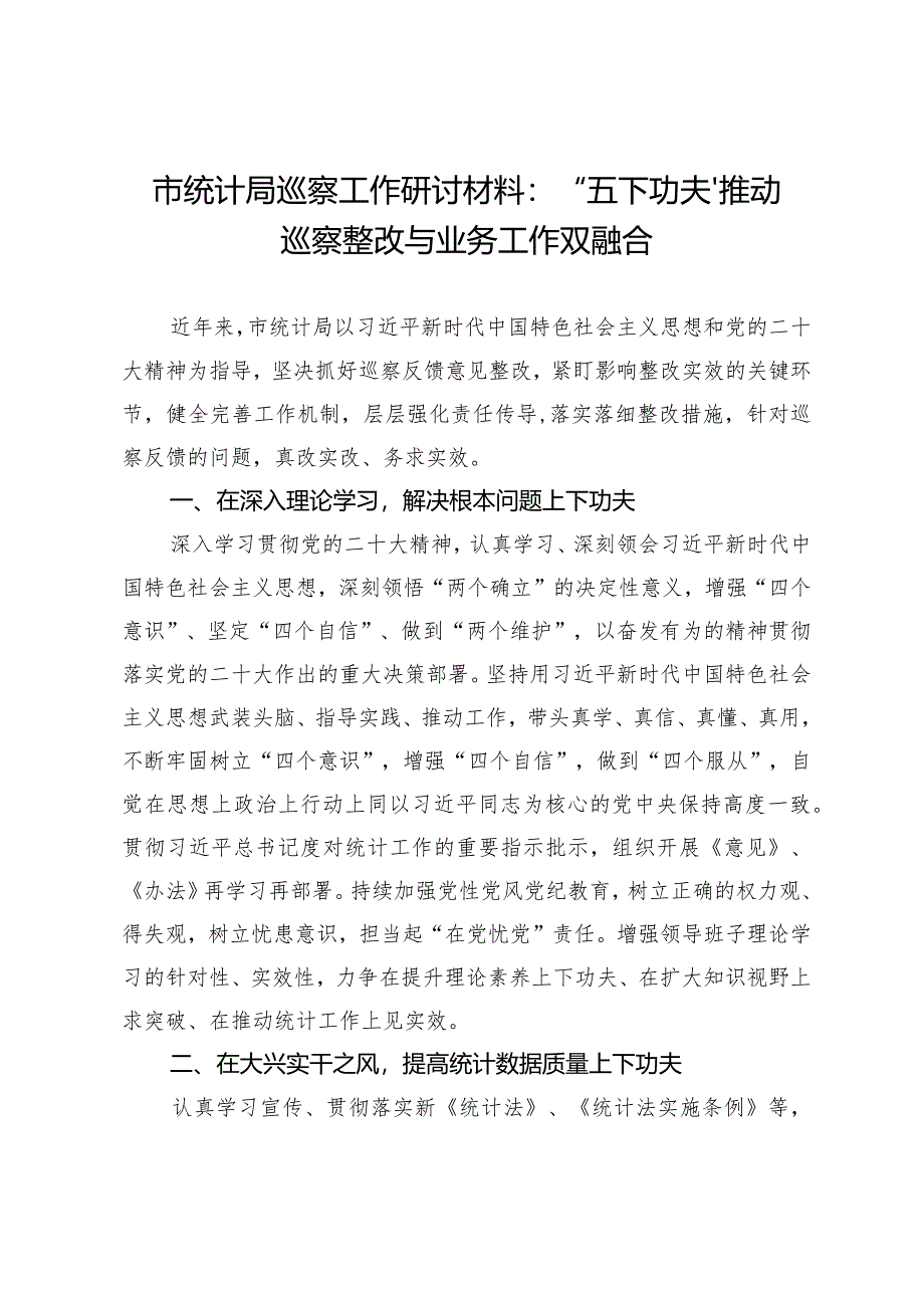 市统计局领导干部关于巡察整改工作研讨发言：“五下功夫”推动巡察整改与业务工作双融合.docx_第1页