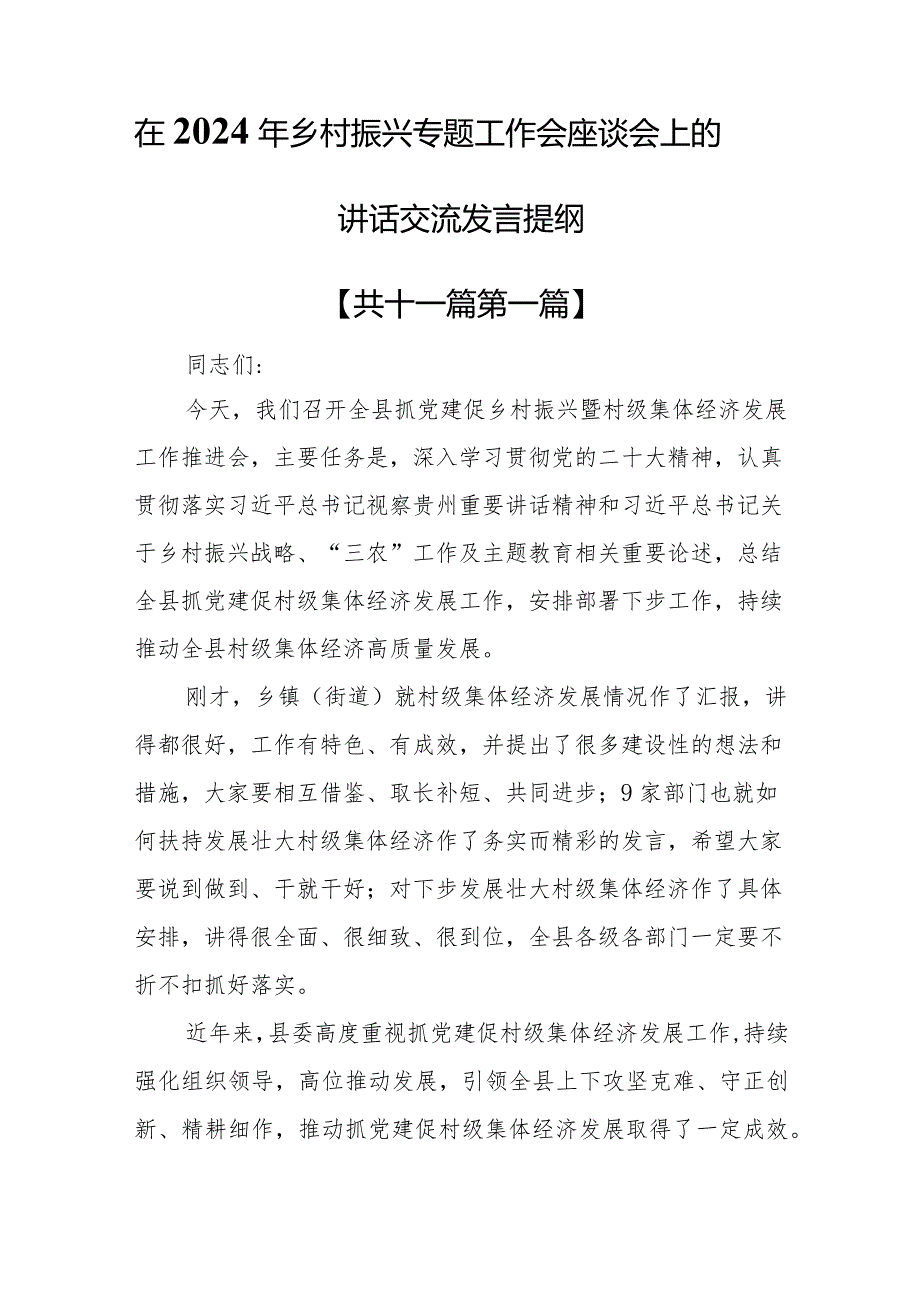 （11篇）在2024年乡村振兴专题工作会座谈会上的讲话交流发言提纲.docx_第1页