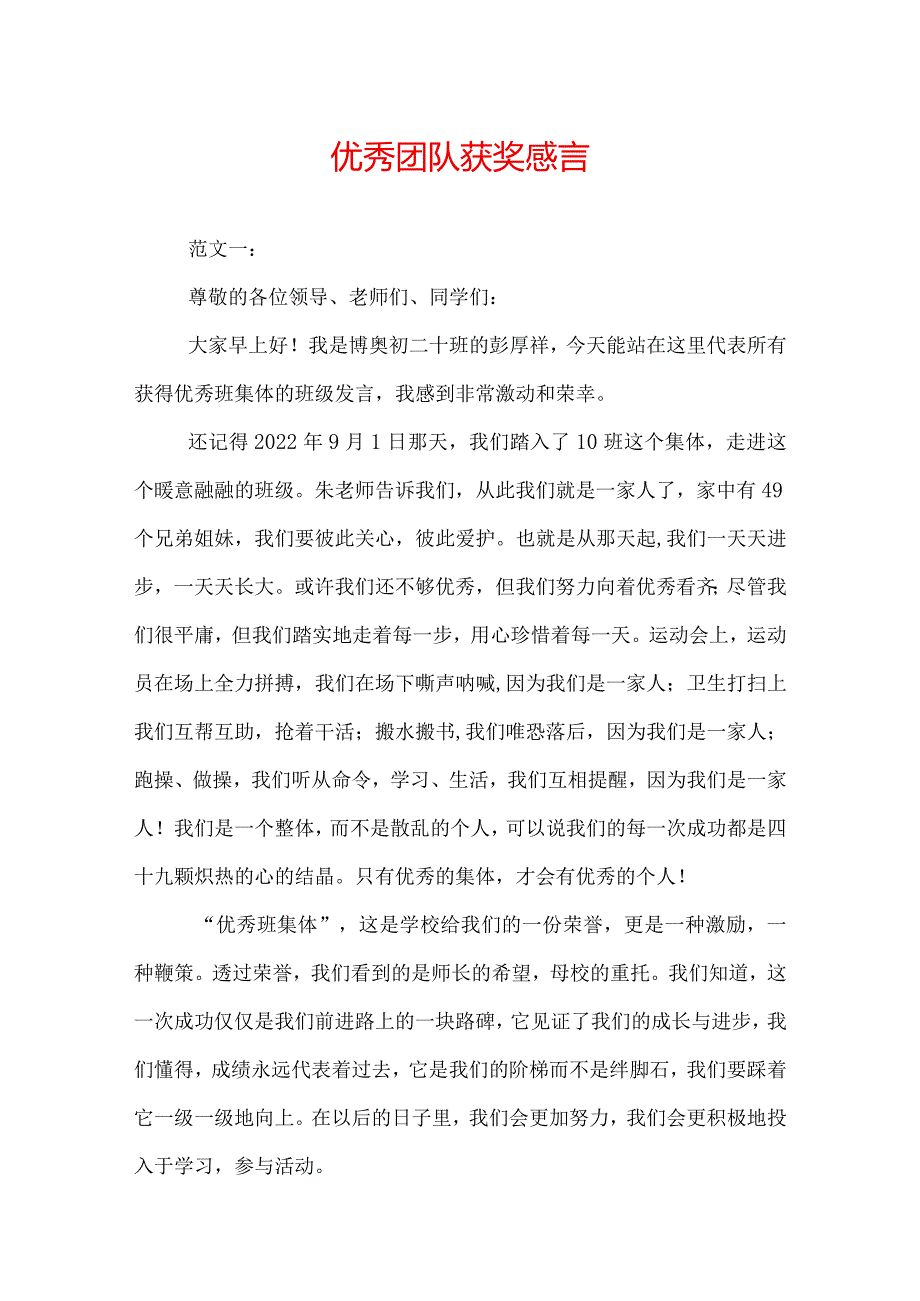 优秀团队获奖感言.docx_第1页