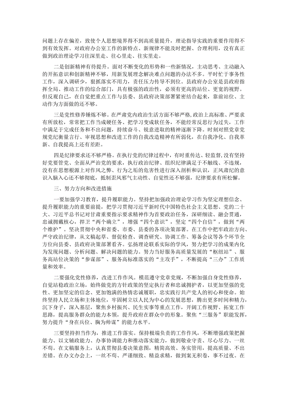 县政府办公室主任主题教育专题民主生活会个人发言提纲.docx_第3页