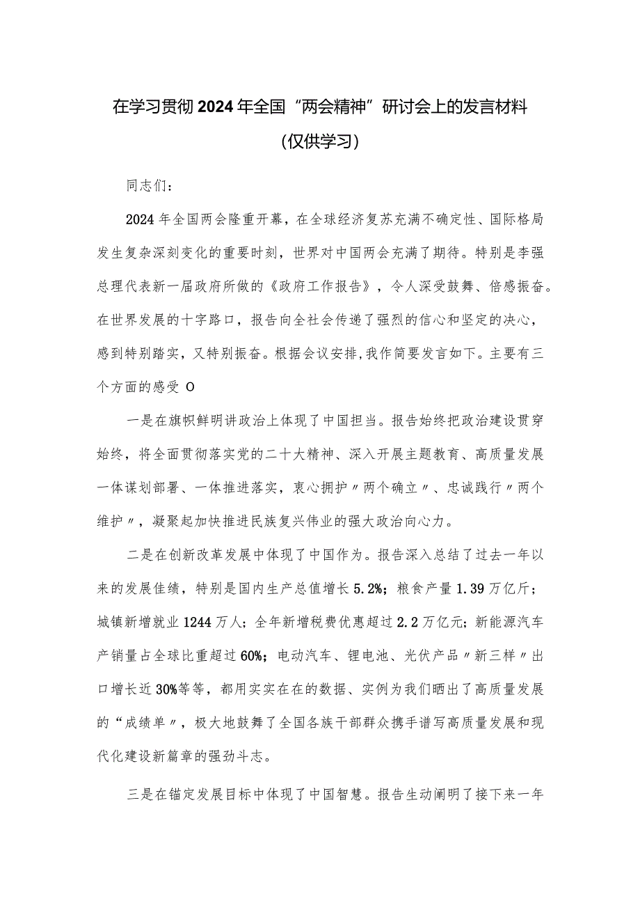 在学习贯彻2024年全国“两会精神”研讨会上的发言材料.docx_第1页