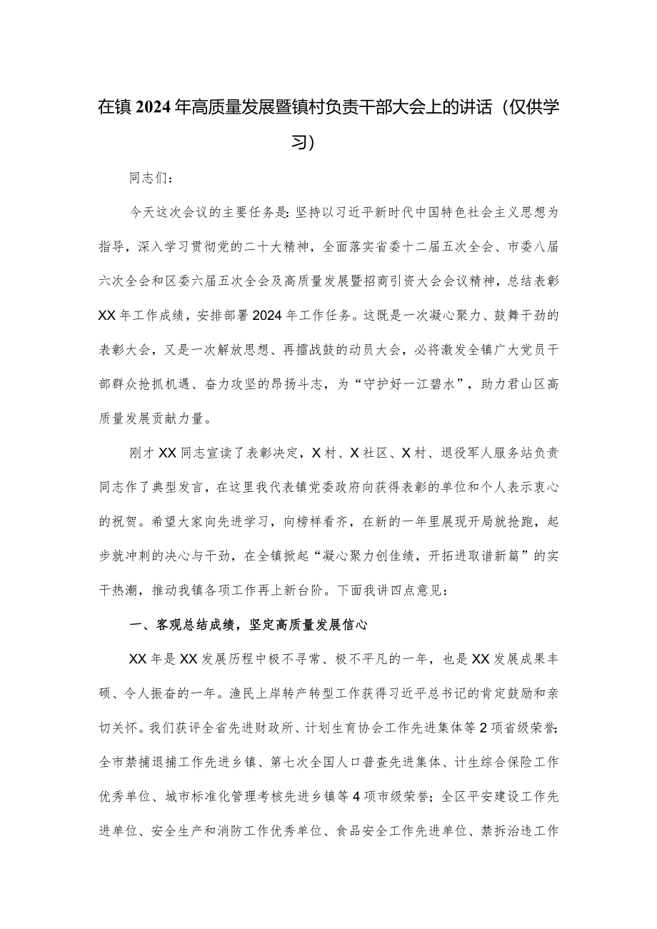 在镇2024年高质量发展暨镇村负责干部大会上的讲话.docx_第1页