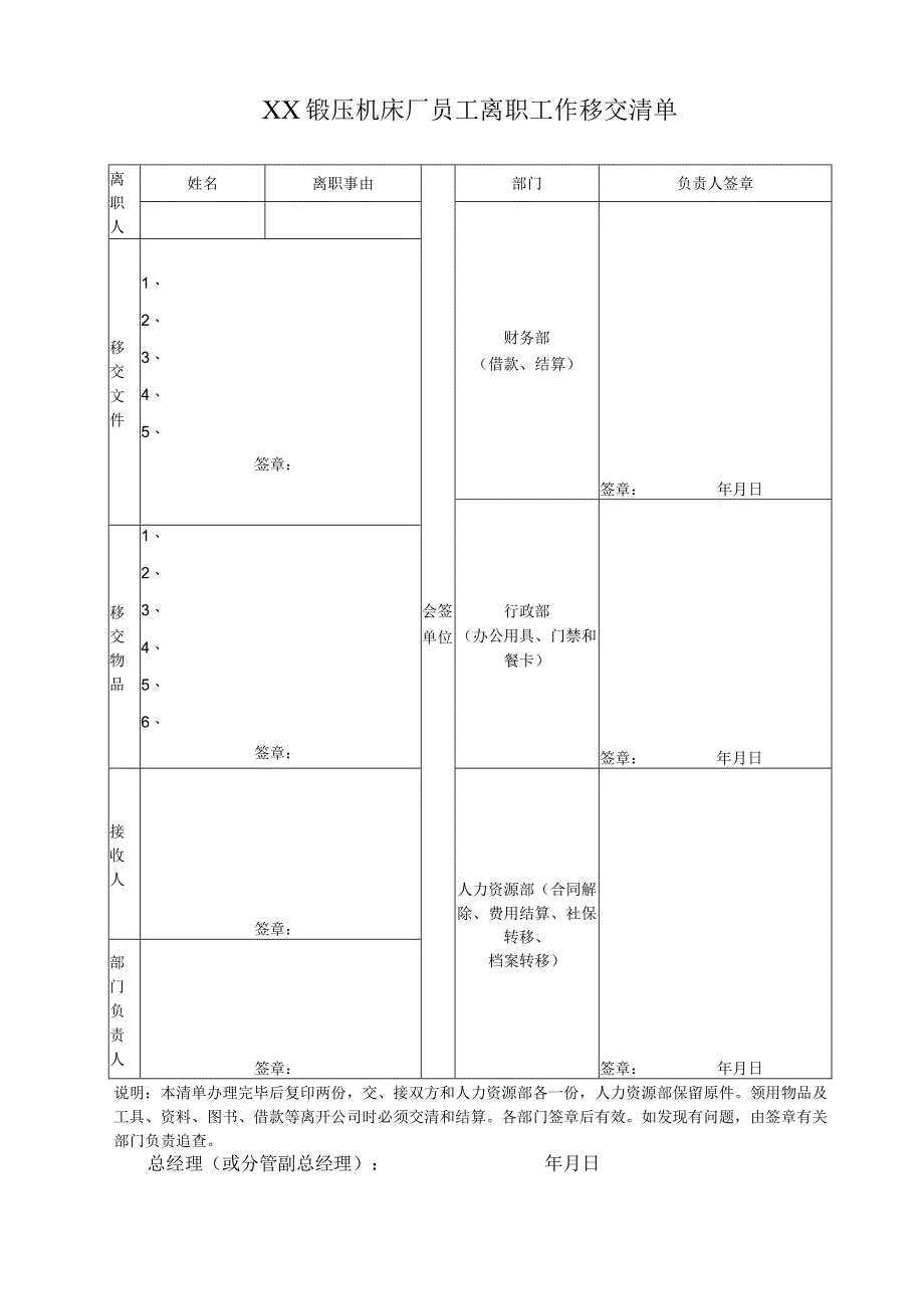 XX锻压机床厂员工离职工作移交清单（2024年）.docx_第1页