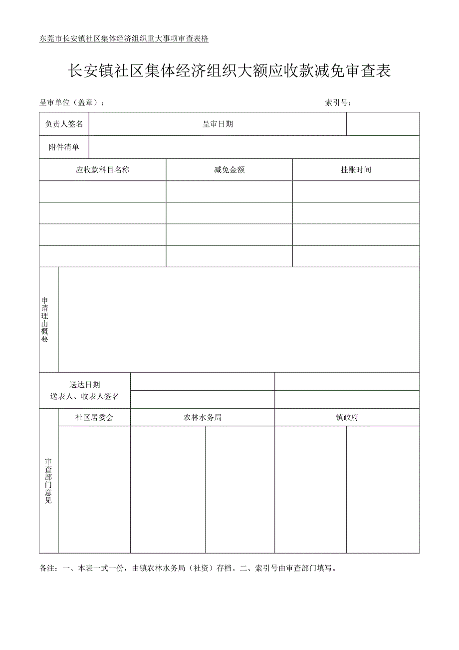 社区集体资产管理实施细则-附件17、大额应收款减免审查表.docx_第1页
