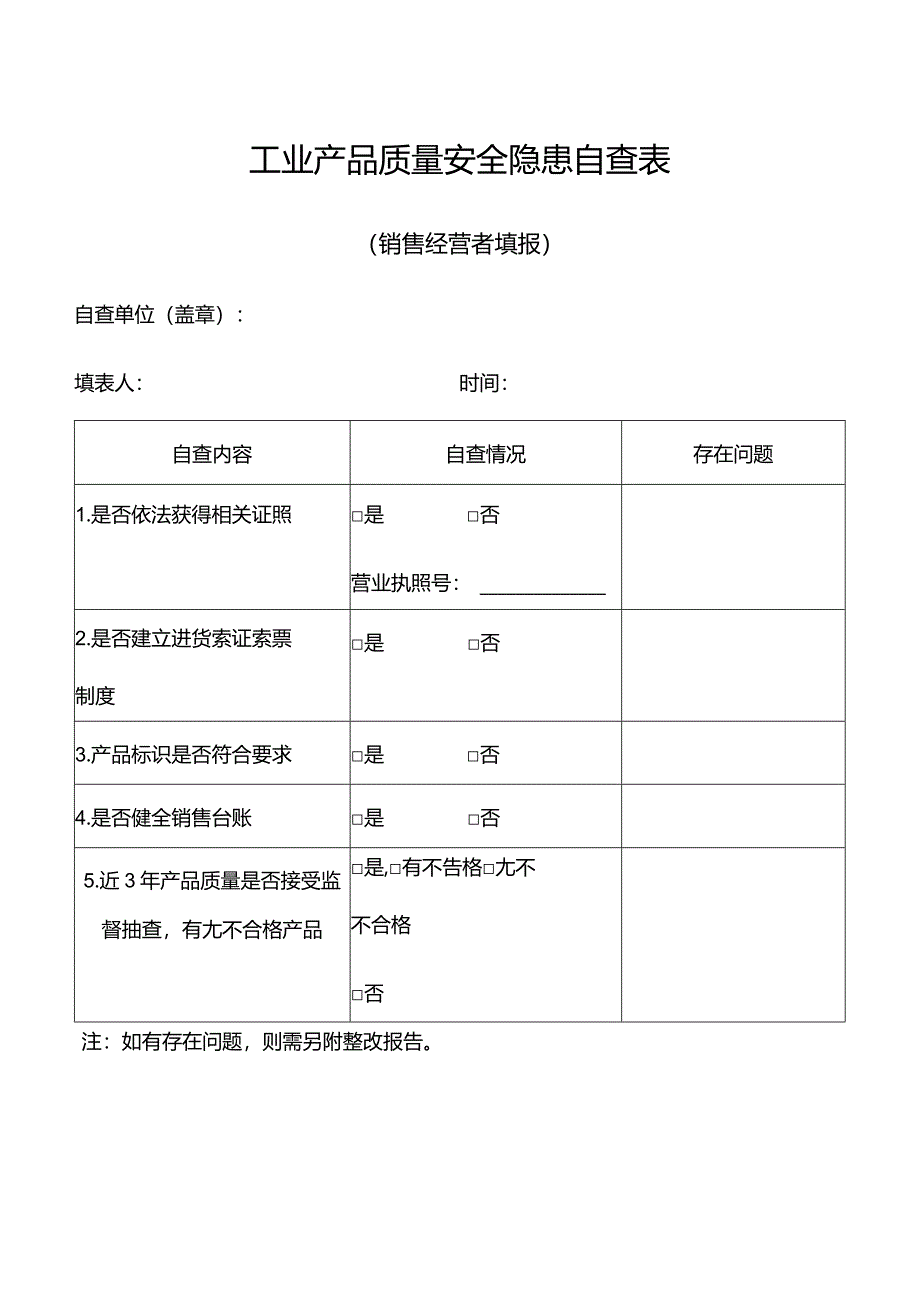 工业产品质量安全隐患自查表（销售经营者）.docx_第1页