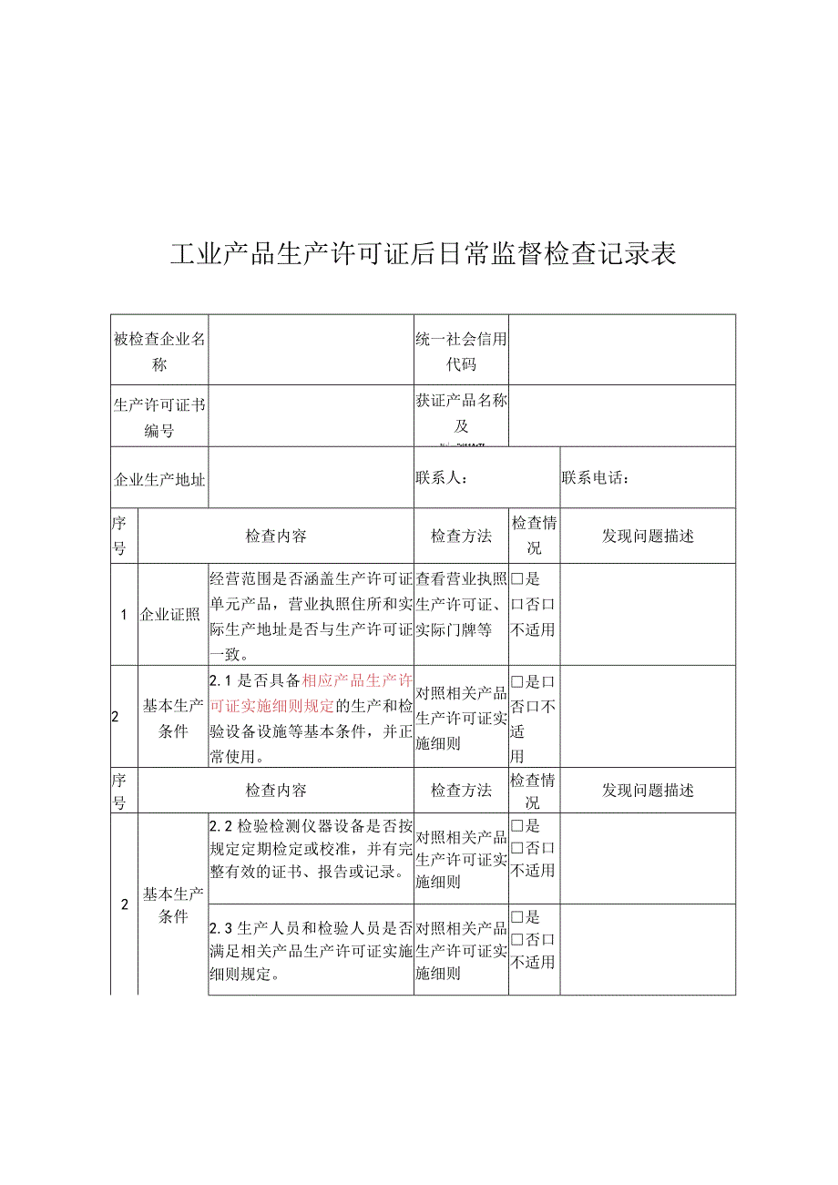 工业产品生产许可证后监督检查通知书、记录表、撤销行政许可建议书.docx_第3页