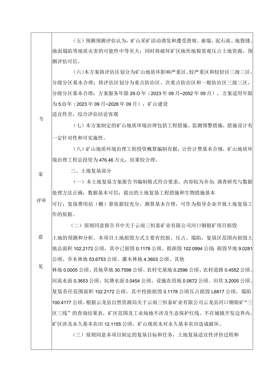 云南三恒泰矿业有限公司云龙县河口铜银矿矿山地质环境保护与土地复垦方案评审专家组意见.docx_第2页