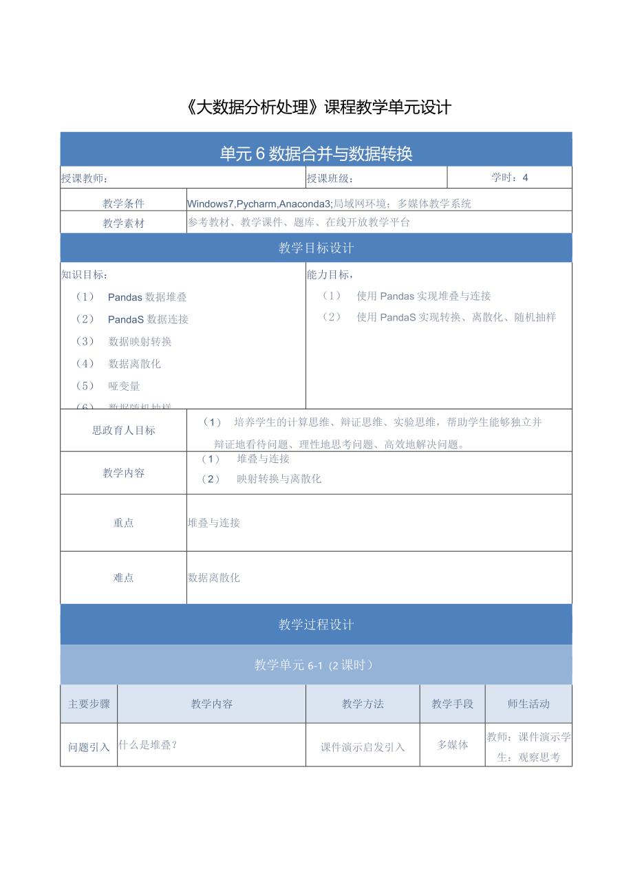 《大数据分析处理》教案-单元设计单元6-数据合并与数据转换.docx_第1页