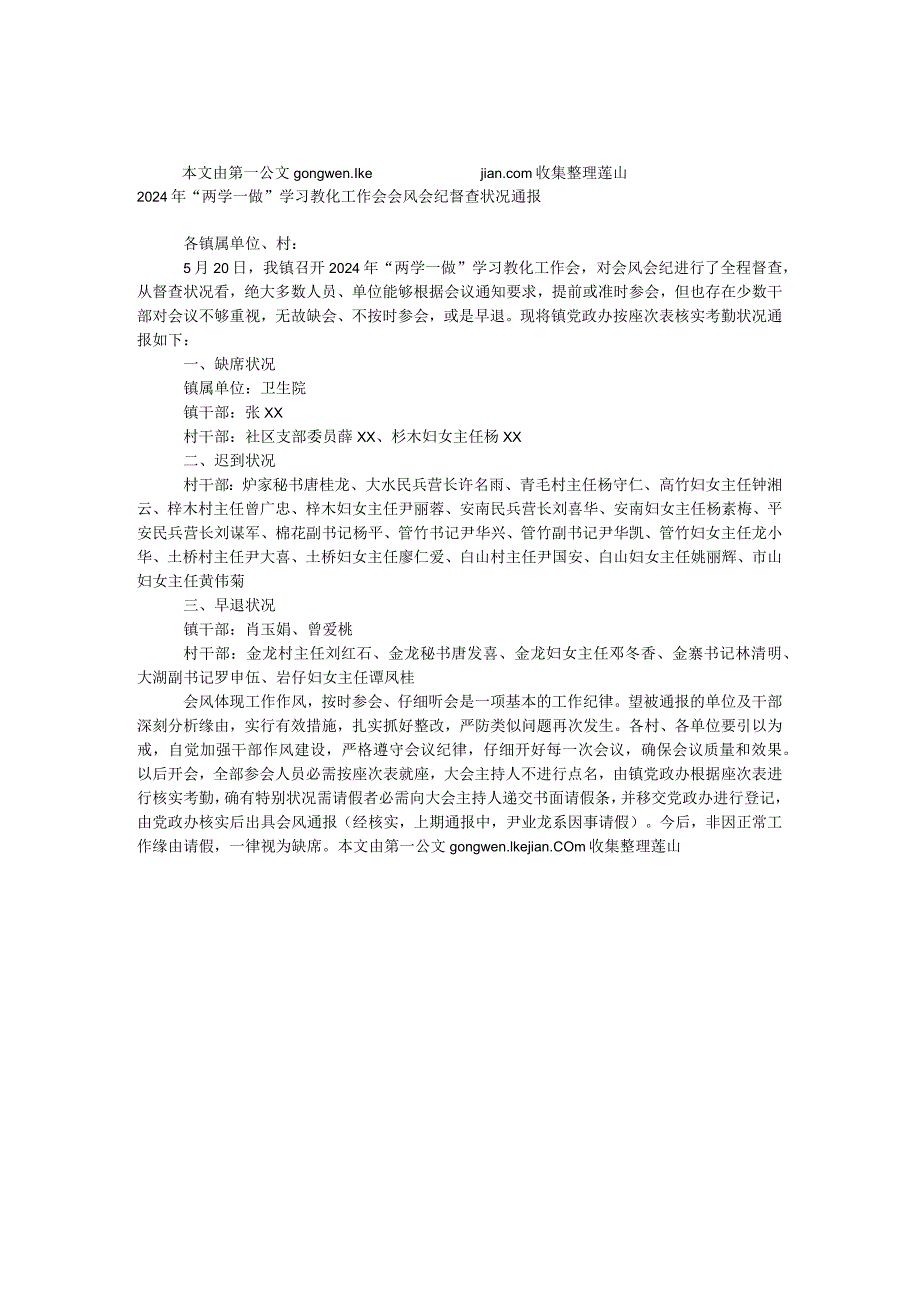 2024年“两学一做”学习教育工作会会风会纪督查情况通报.docx_第1页