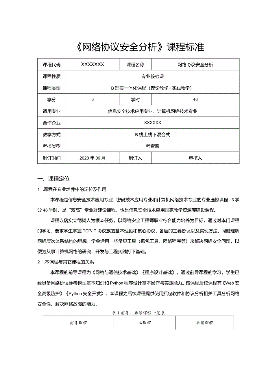 网络协议安全分析课标、教学计划、课程设计.docx_第1页