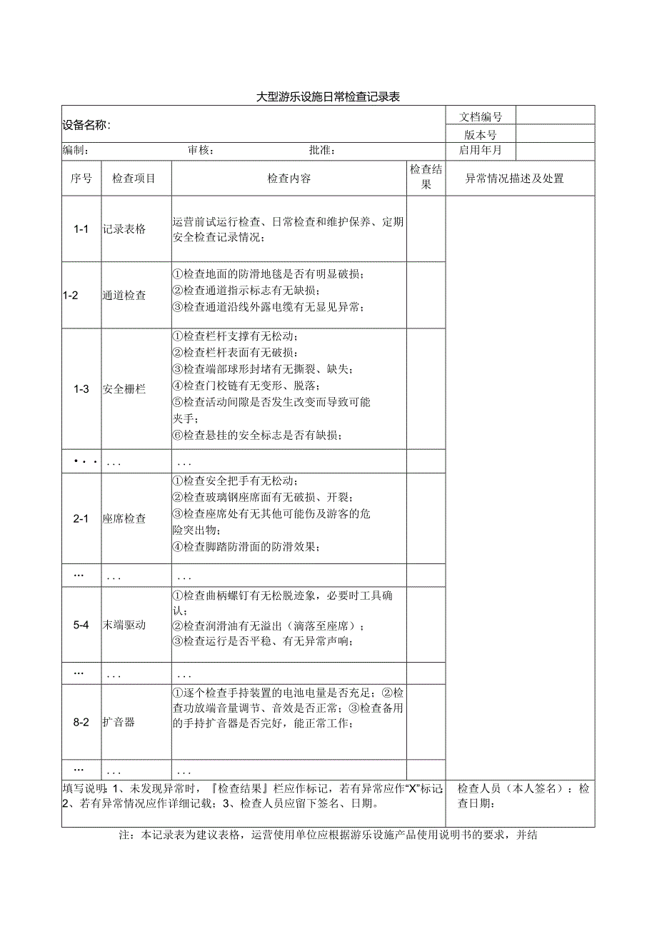 大型游乐设施日常检查记录表.docx_第1页