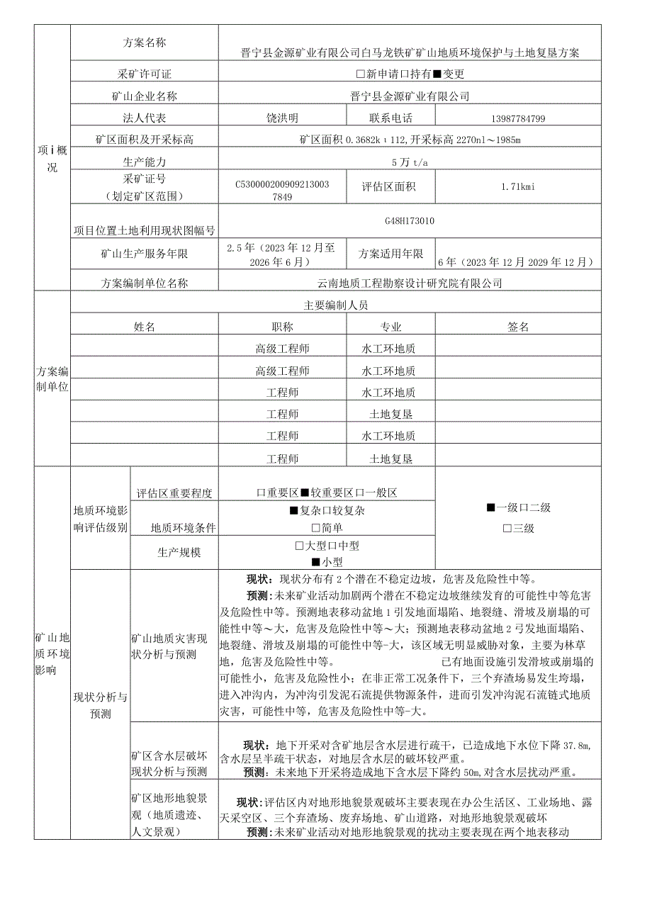 晋宁县金源矿业有限公司白马龙铁矿矿山地质环境保护与土地复垦方案.docx_第3页