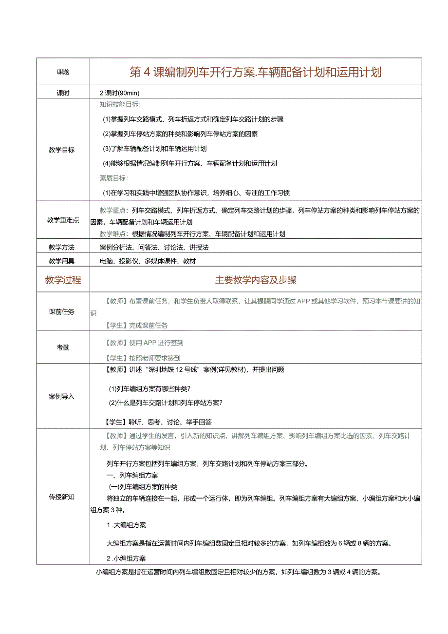 《城市轨道交通行车组织》教案第4课编制列车开行方案菜、车辆配备计划和运用计划.docx_第1页