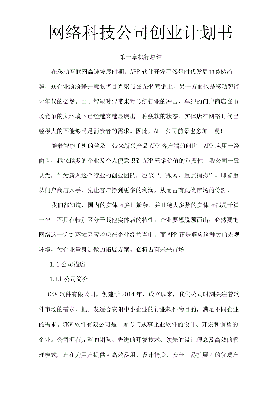 网络科技公司创业计划书.docx_第1页