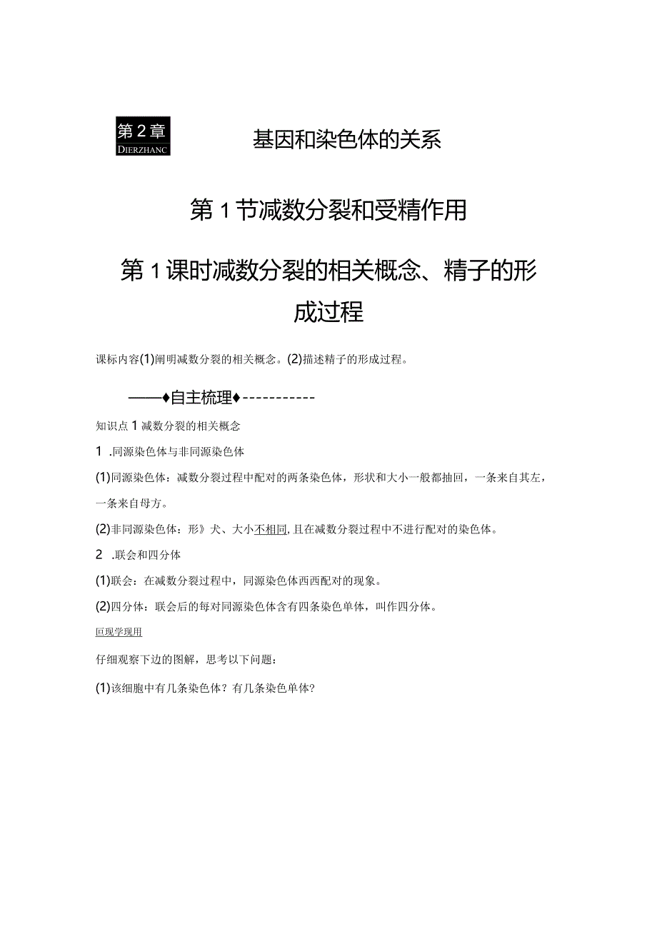 2023-2024学年人教版必修二减数分裂的相关概念、精子的形成过程学案.docx_第1页